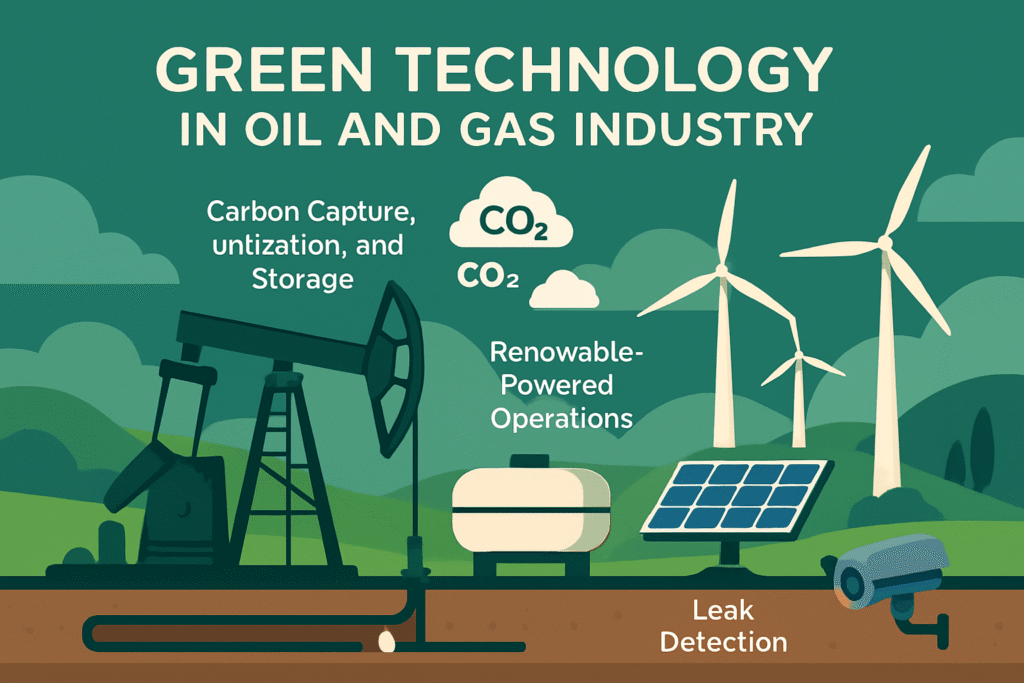 Green technology in oil and gas industry infographic showing renewable energy and carbon capture